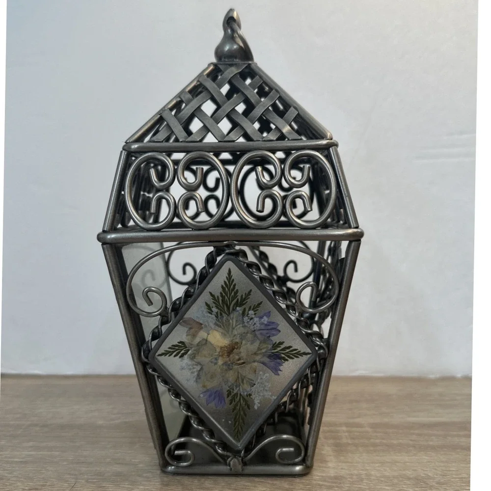 Hanging Metal Birdcage Candle Holder Pressed Flower Panels Heavy Indoor Outdoors
